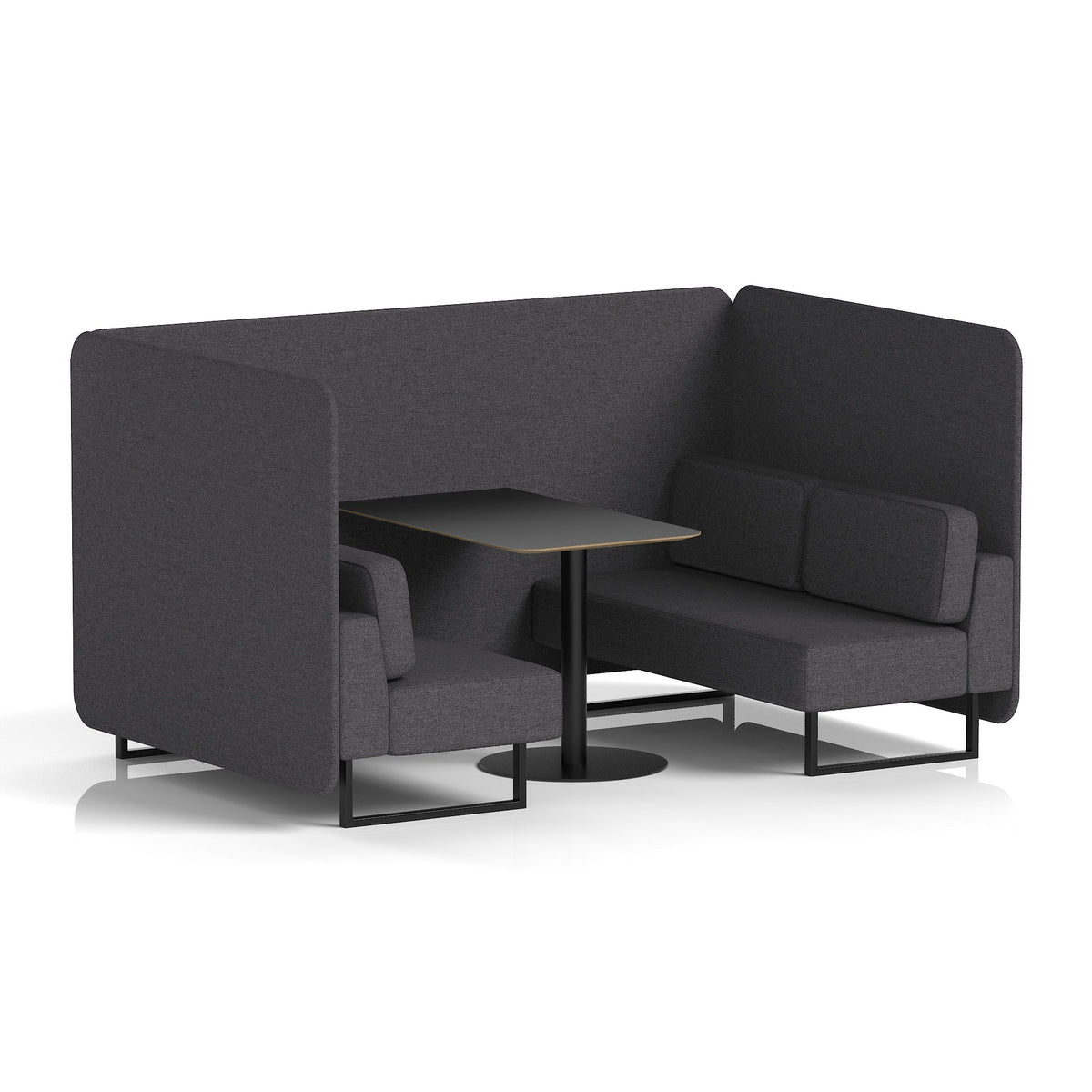 Commercial 4 Seater Privacy Booth – Bench with Black Table – Single Tone – Crib 5 X2 - Arithmetic Panels And Sofa Black - Industrious Decor