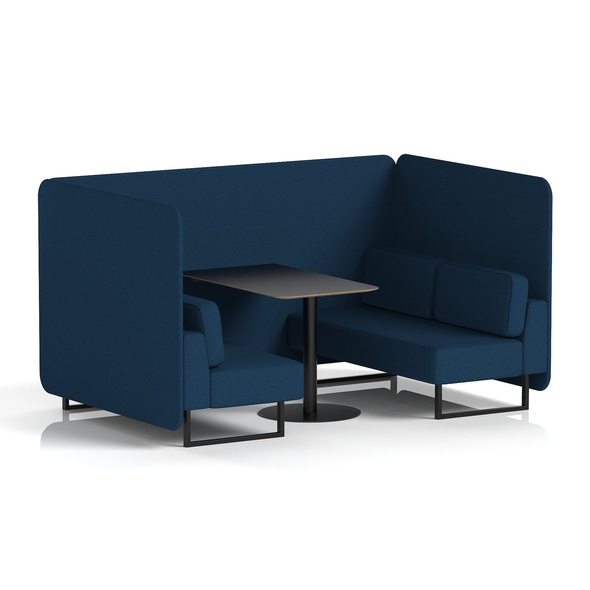 Commercial 4 Seater Privacy Booth – Bench with Black Table – Single Tone – Crib 5 X2 - Calculus Panels And Sofa Black - Industrious Decor