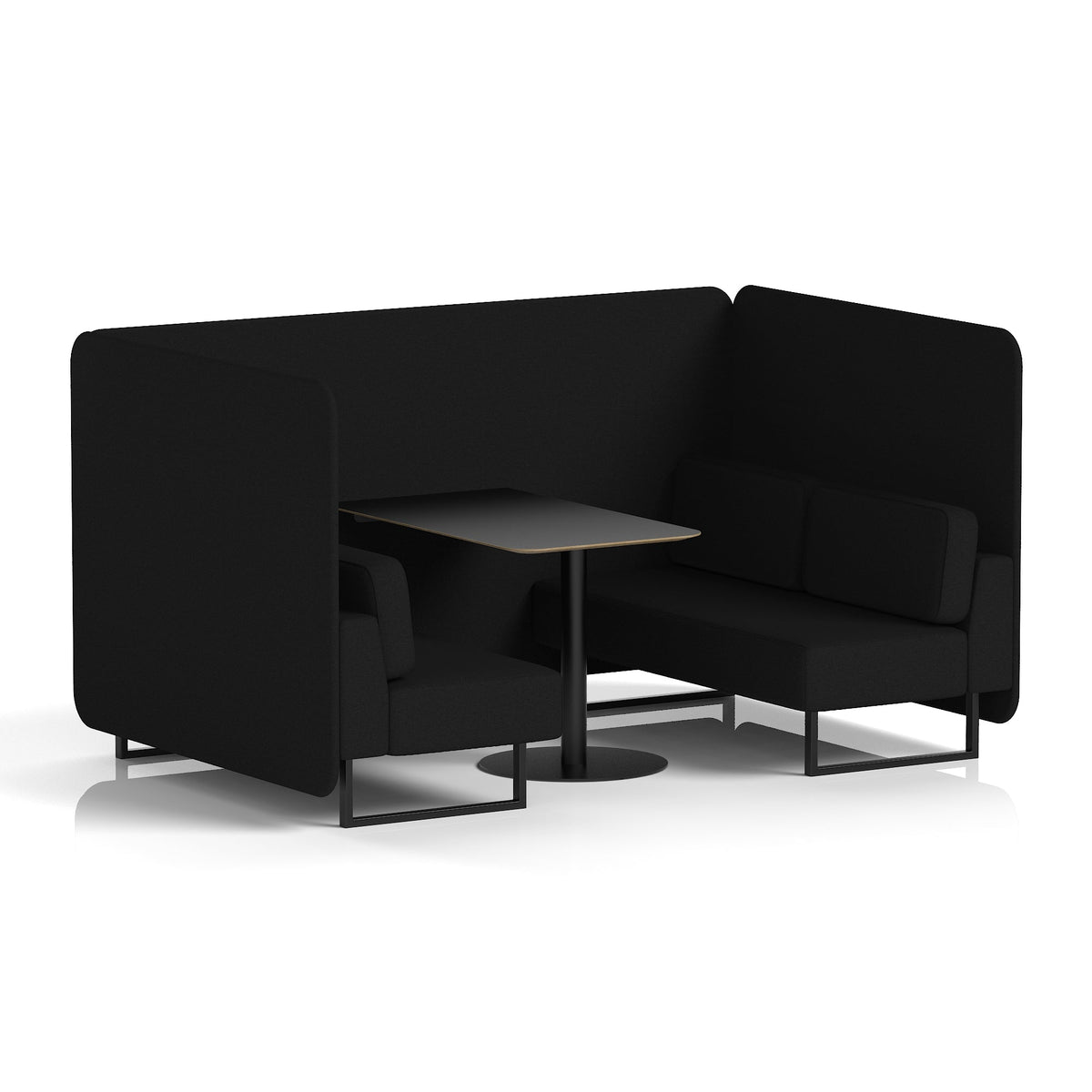 Commercial 4 Seater Privacy Booth – Bench with Black Table – Single Tone – Crib 5 X2 - Diameter Panels And Sofa Black - Industrious Decor