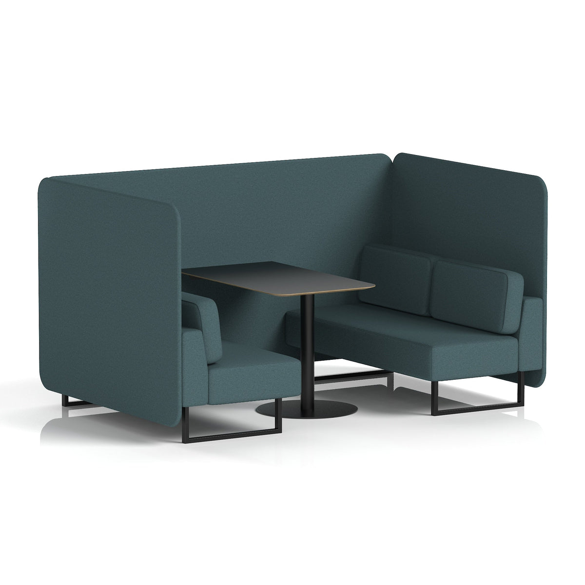 Commercial 4 Seater Privacy Booth – Bench with Black Table – Single Tone – Crib 5 X2 - Polygon Panels And Sofa Black - Industrious Decor
