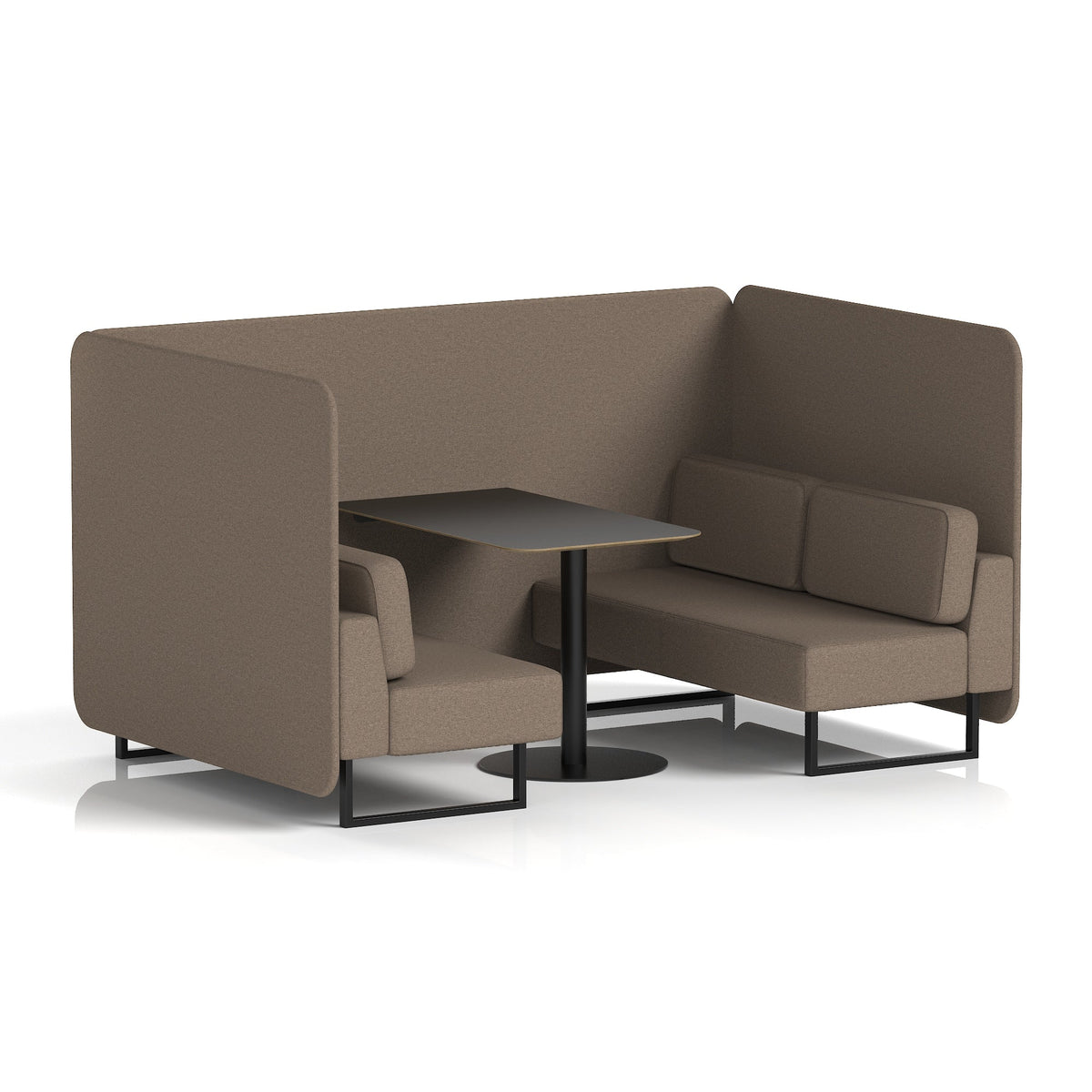 Commercial 4 Seater Privacy Booth – Bench with Black Table – Single Tone – Crib 5 X2 - Theory Panels And Sofa Black - Industrious Decor