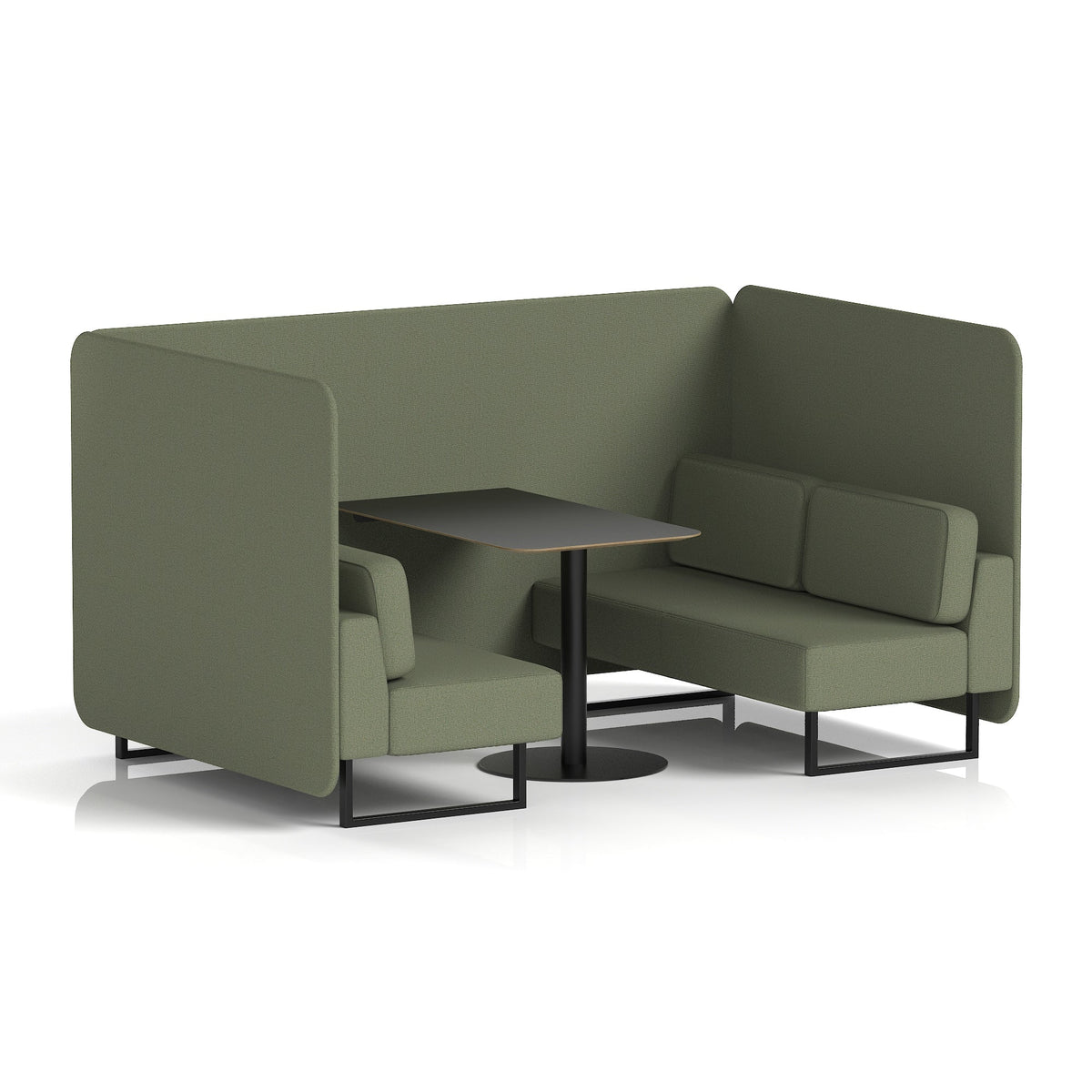 Commercial 4 Seater Privacy Booth – Bench with Black Table – Single Tone – Crib 5 Main Line Flax - Monument Panels And Sofa Black - Industrious Decor