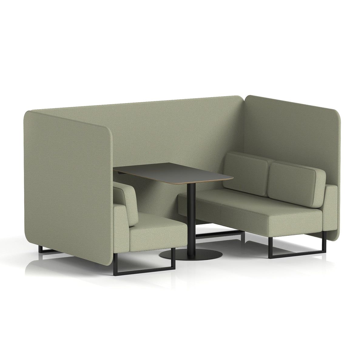 Commercial 4 Seater Privacy Booth – Bench with Black Table – Single Tone – Crib 5 Main Line Flax - Newbury Panels And Sofa Black - Industrious Decor