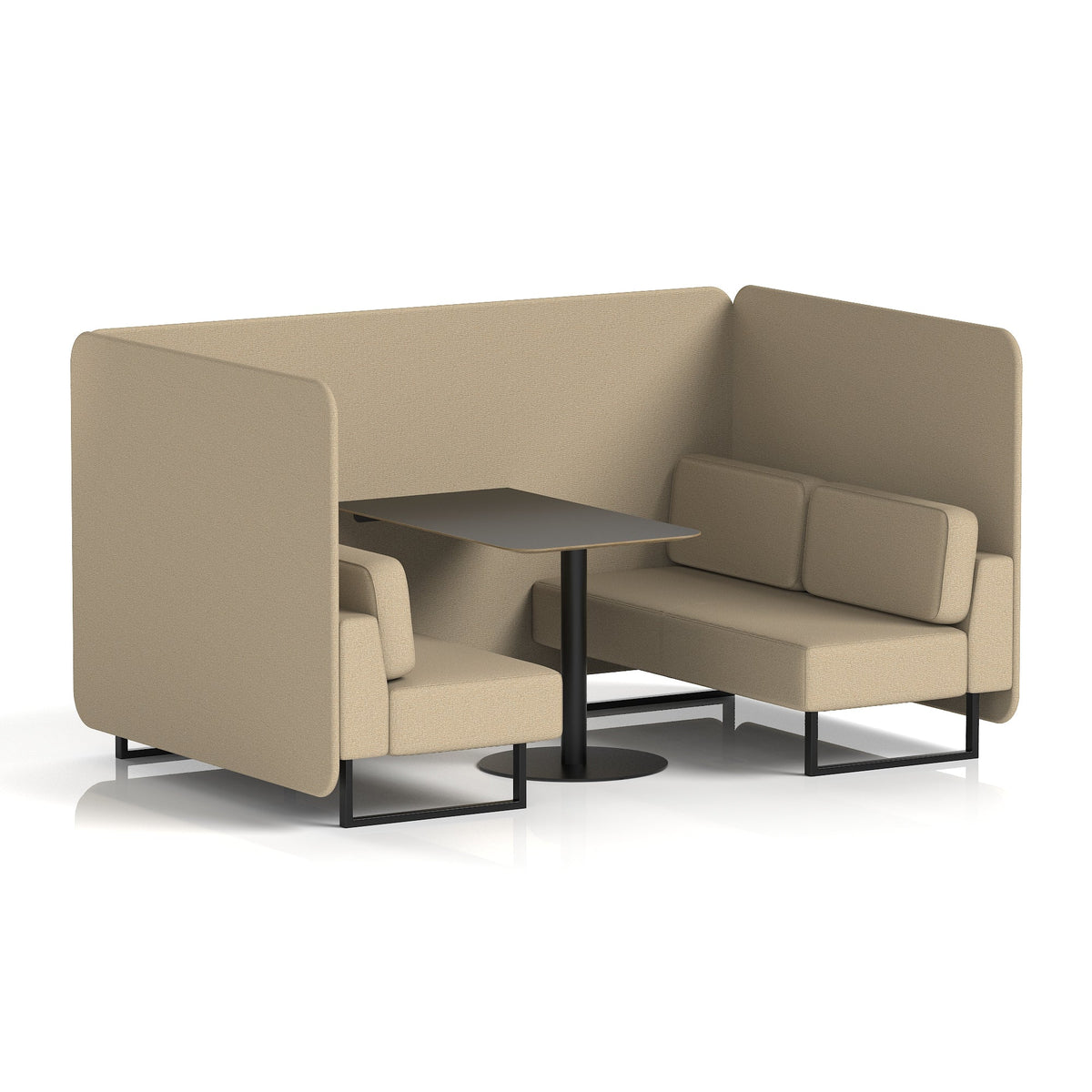 Commercial 4 Seater Privacy Booth – Bench with Black Table – Single Tone – Crib 5 Main Line Flax - Upminster Panels And Sofa Black - Industrious Decor