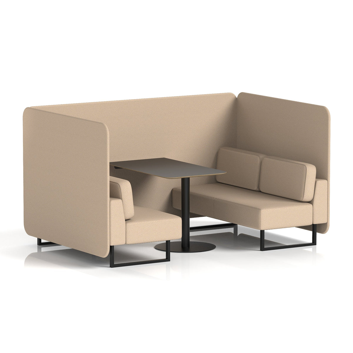 Commercial 4 Seater Privacy Booth – Bench with Black Table – Single Tone – Crib 5 Synergy - Affix Panels And Sofa Black - Industrious Decor