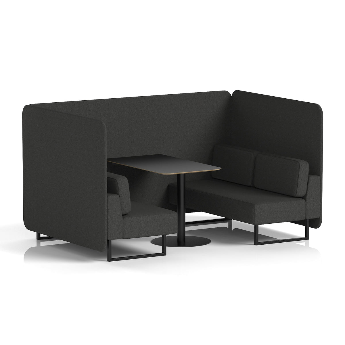 Commercial 4 Seater Privacy Booth – Bench with Black Table – Single Tone – Crib 5 Synergy - Mix Panels And Sofa Black - Industrious Decor