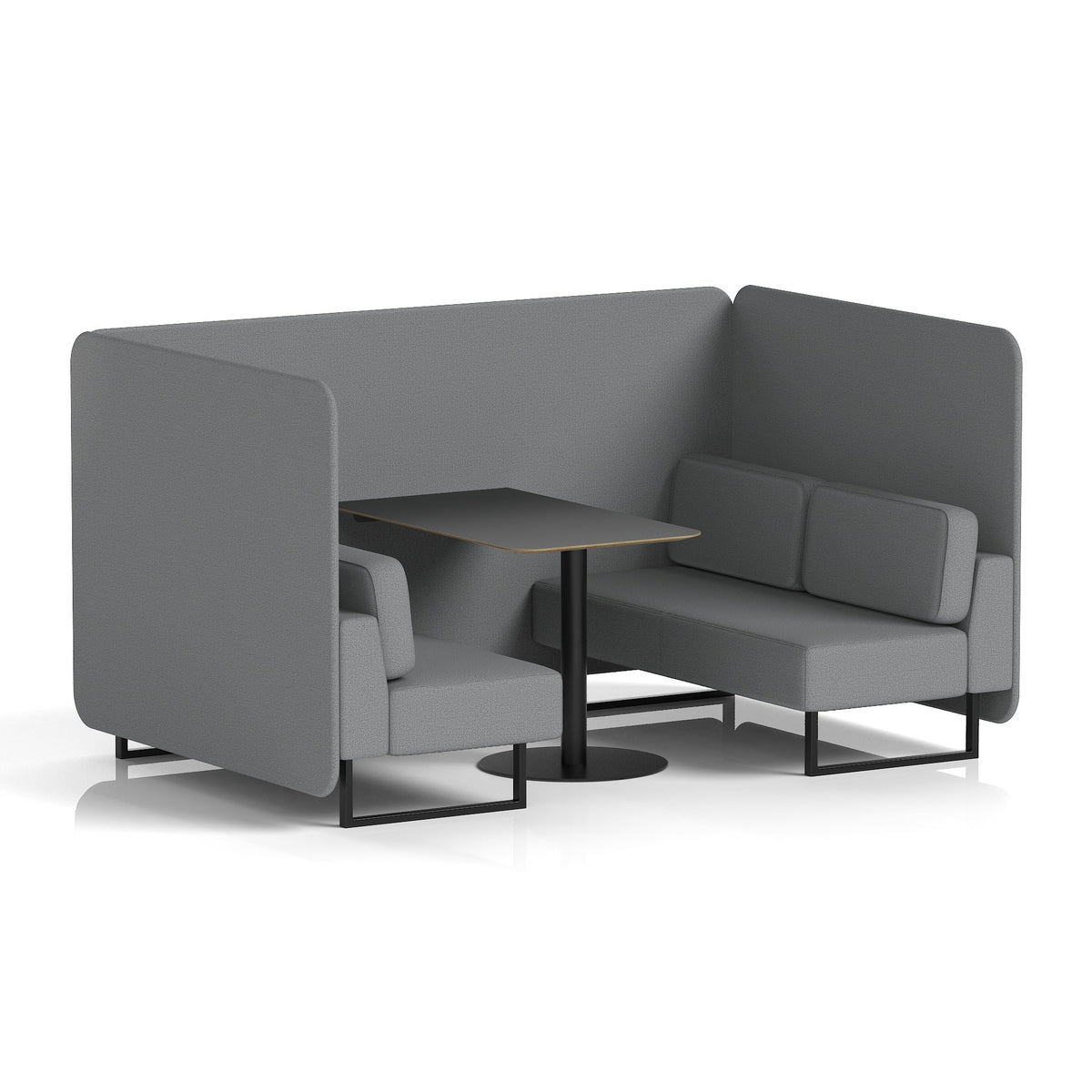 Commercial 4 Seater Privacy Booth – Bench with Black Table – Single Tone – Crib 5 Synergy - Partner Panels And Sofa Black - Industrious Decor