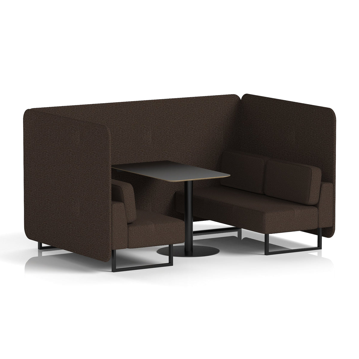 Commercial 4 Seater Privacy Booth – Bench with Black Table – Single Tone – Crib 5 Synergy - Wed Panels And Sofa Black - Industrious Decor