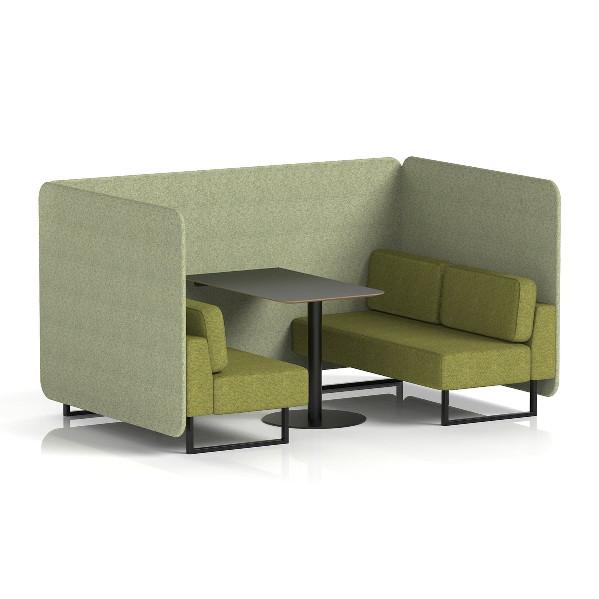 Commercial 4 Seater Privacy Booth – Bench with Black Table – Two Tone – Crib 5 Rivet - Burnish Panels And Olive Sofa Black - Industrious Decor