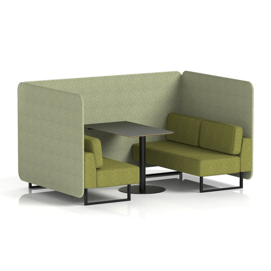 Commercial 4 Seater Privacy Booth – Bench with Black Table – Two Tone – Crib 5 Rivet - Burnish Panels And Olive Sofa Black - Industrious Decor
