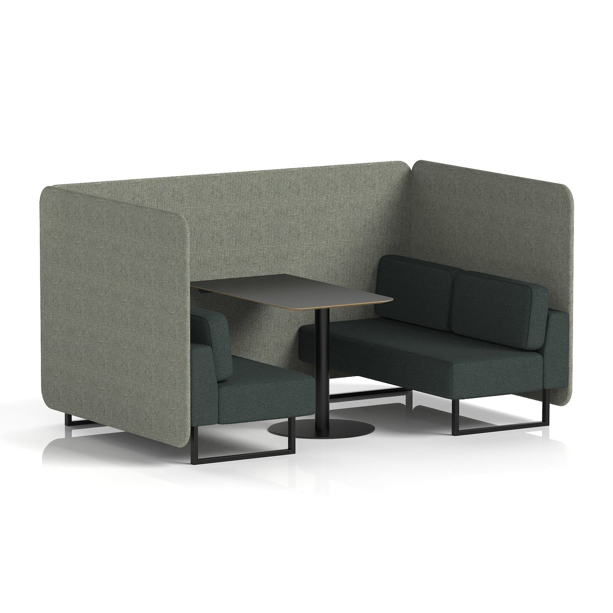Commercial 4 Seater Privacy Booth – Bench with Black Table – Two Tone – Crib 5 Rivet - Vitreous Panels And Charcoal Sofa Black - Industrious Decor