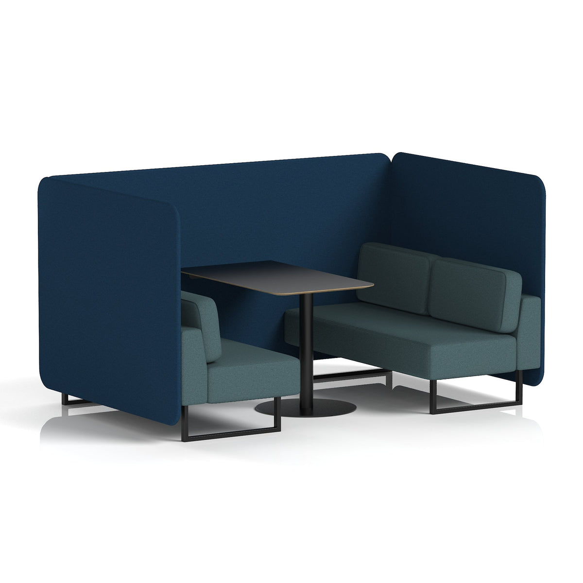 Commercial 4 Seater Privacy Booth – Bench with Black Table – Two Tone – Crib 5 X2 - Calculus Panels And Polygon Sofa Black - Industrious Decor