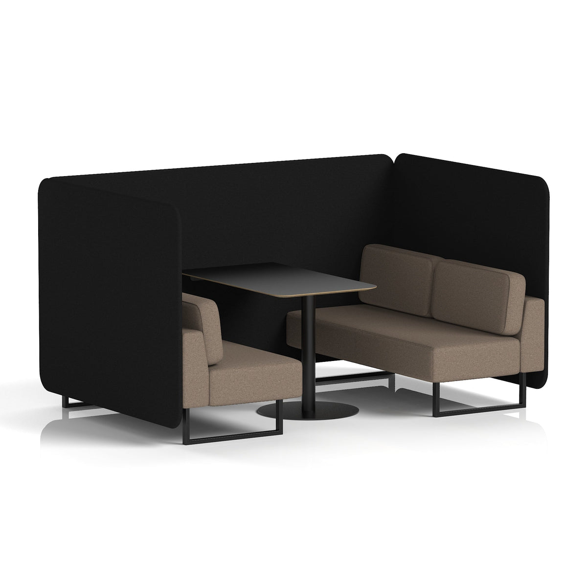 Commercial 4 Seater Privacy Booth – Bench with Black Table – Two Tone – Crib 5 X2 - Diameter Panels And Theory Sofa Black - Industrious Decor