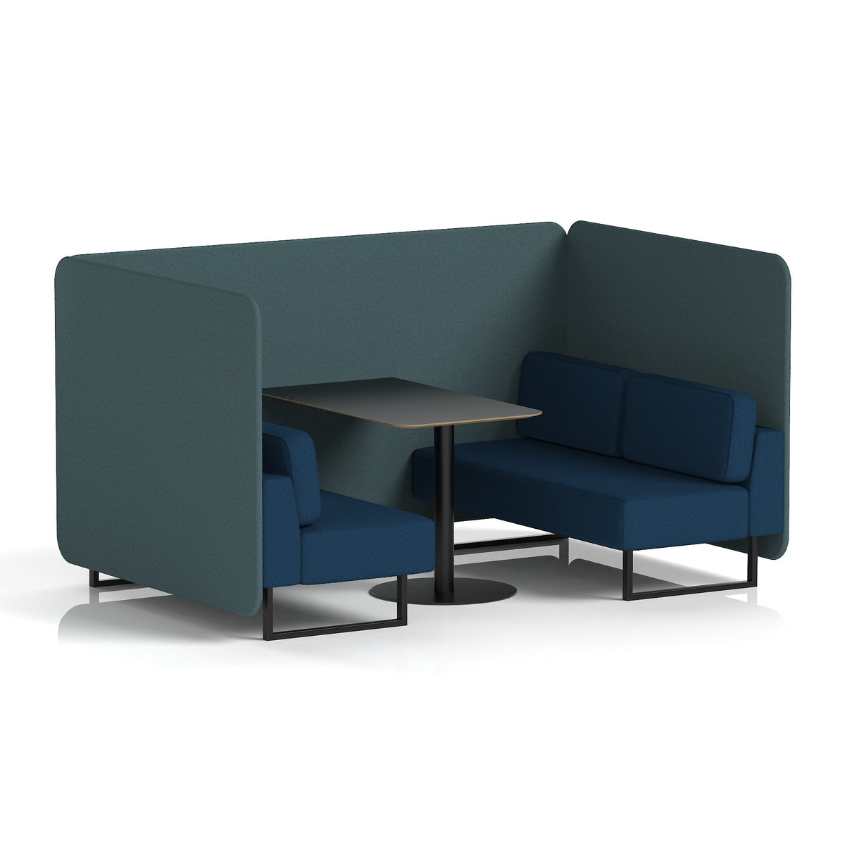Commercial 4 Seater Privacy Booth – Bench with Black Table – Two Tone – Crib 5 X2 - Polygon Panels And Calculus Sofa Black - Industrious Decor