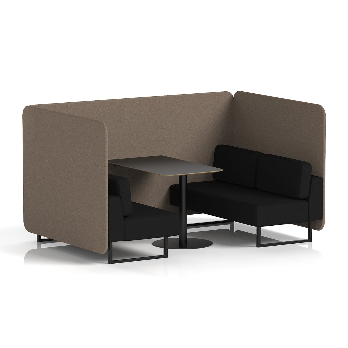 Commercial 4 Seater Privacy Booth – Bench with Black Table – Two Tone – Crib 5 X2 - Theory Panels And Diameter Sofa Black - Industrious Decor