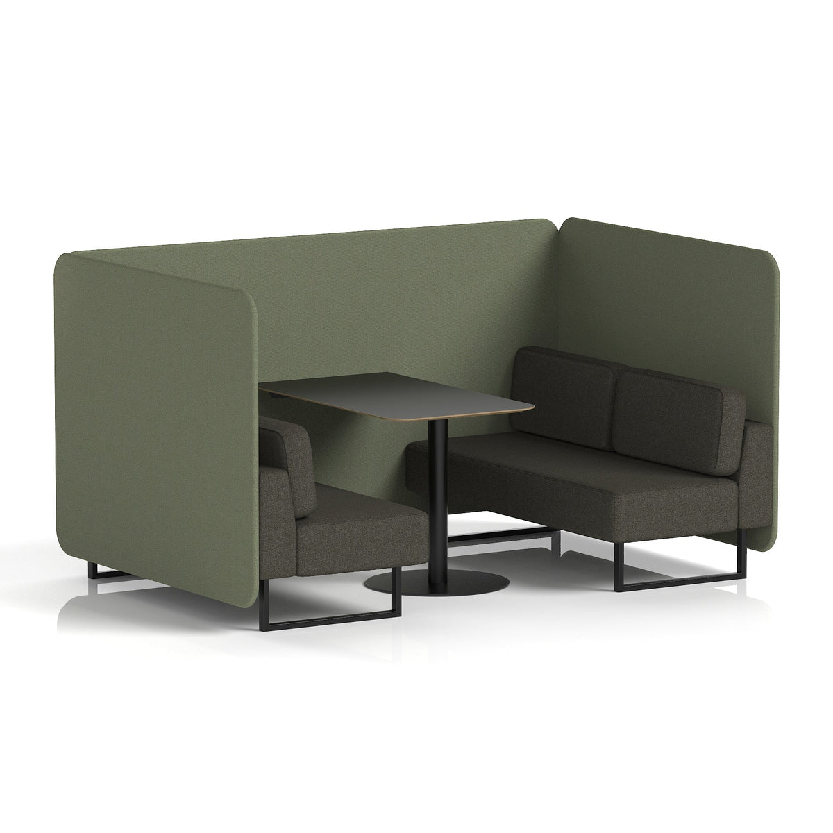 Commercial 4 Seater Privacy Booth – Bench with Black Table – Two Tone – Crib 5 Main Line Flax - Monument Panels And Temple Sofa Black - Industrious Decor