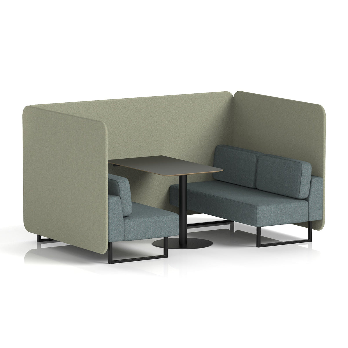 Commercial 4 Seater Privacy Booth – Bench with Black Table – Two Tone – Crib 5 Main Line Flax - Newbury Panels And Westminster Sofa Black - Industrious Decor