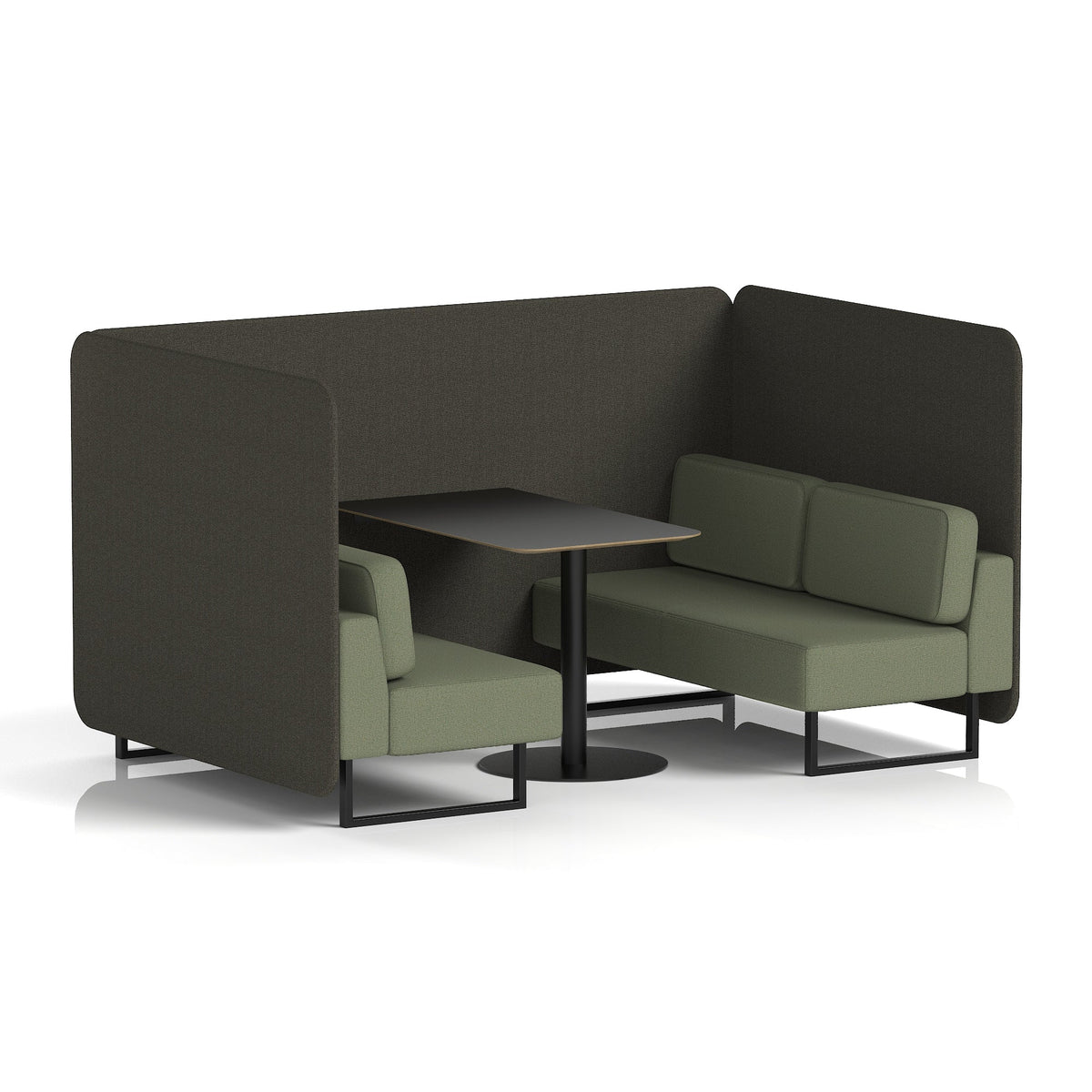 Commercial 4 Seater Privacy Booth – Bench with Black Table – Two Tone – Crib 5 Main Line Flax - Temple Panels And Monument Sofa Black - Industrious Decor
