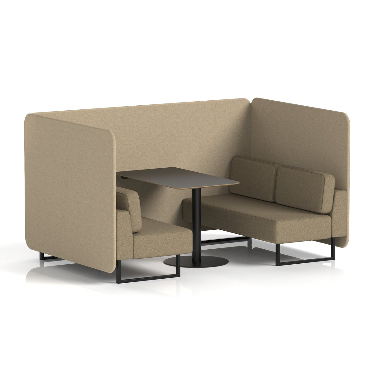 Commercial 4 Seater Privacy Booth – Bench with Black Table – Two Tone – Crib 5 Main Line Flax - Upminster Panels And Bank Sofa Black - Industrious Decor