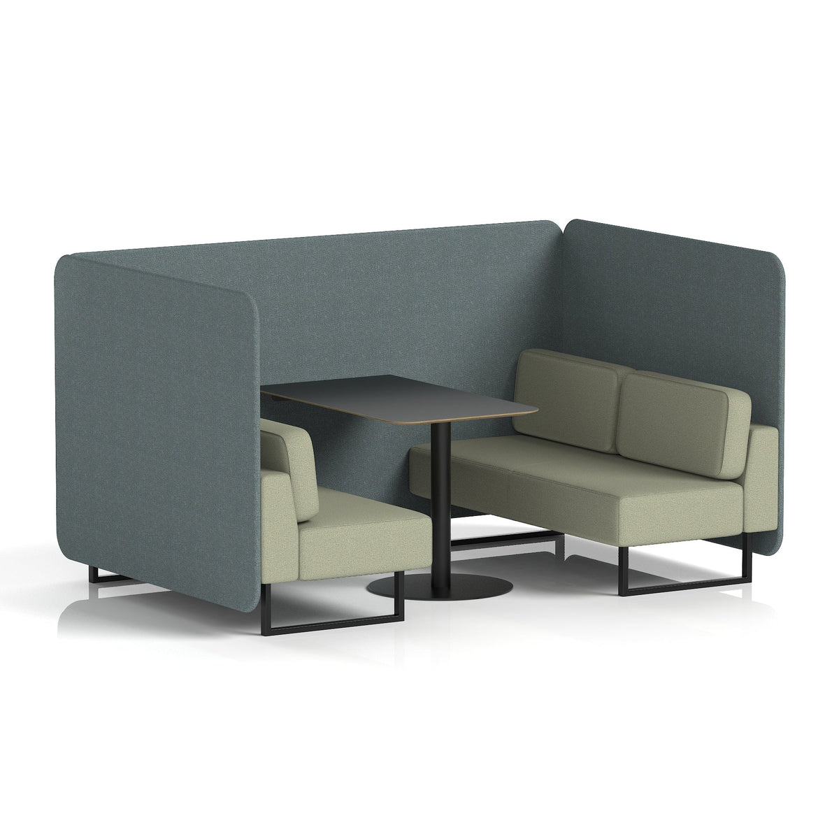 Commercial 4 Seater Privacy Booth – Bench with Black Table – Two Tone – Crib 5 Main Line Flax - Westminster Panels And Newbury Sofa Black - Industrious Decor