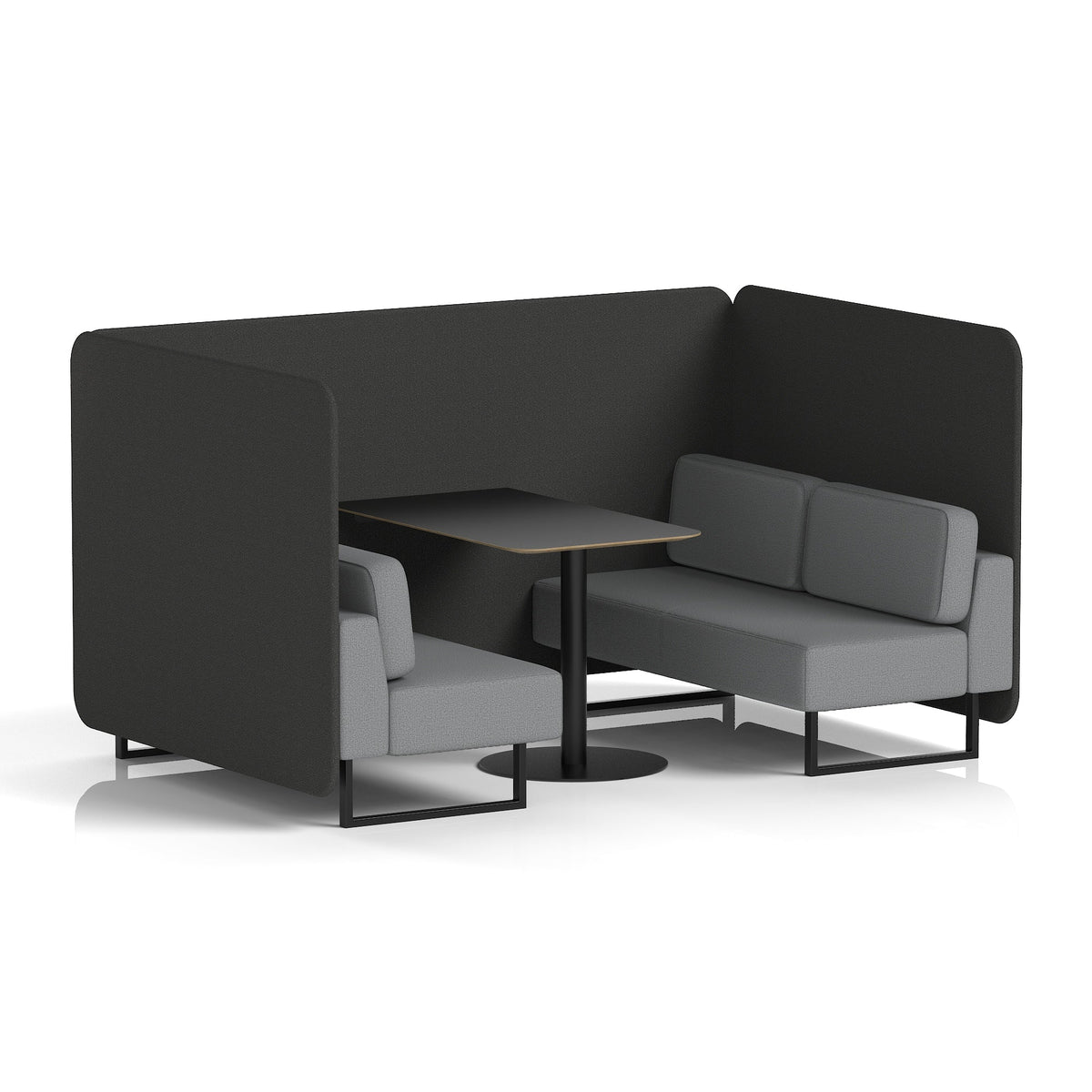 Commercial 4 Seater Privacy Booth – Bench with Black Table – Two Tone – Crib 5 Synergy - Mix Panels And Partner Sofa Black - Industrious Decor