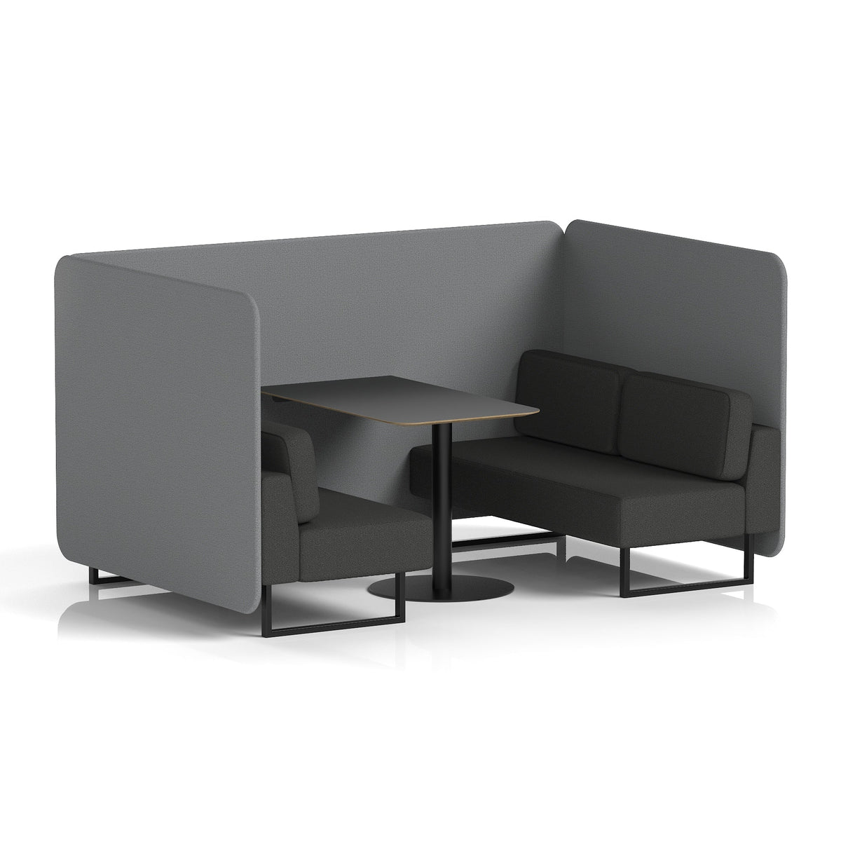 Commercial 4 Seater Privacy Booth – Bench with Black Table – Two Tone – Crib 5 Synergy - Partner Panels And Mix Sofa Black - Industrious Decor
