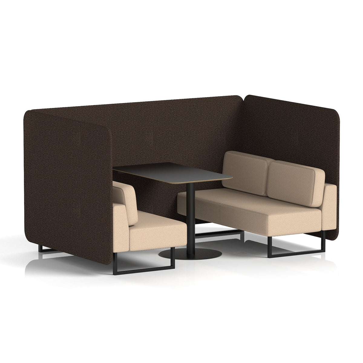 Commercial 4 Seater Privacy Booth – Bench with Black Table – Two Tone – Crib 5 Synergy - Wed Panels And Affix Sofa Black - Industrious Decor