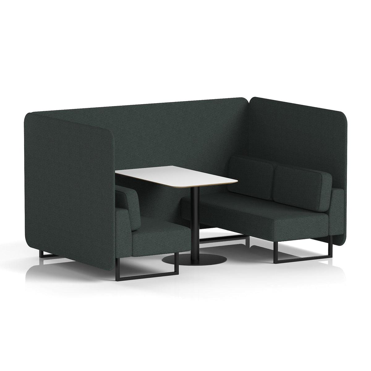 Commercial 4 Seater Privacy Booth – Bench with White Table – Single Tone – Crib 5 Rivet - Charcoal Panels And Sofa Black - Industrious Decor