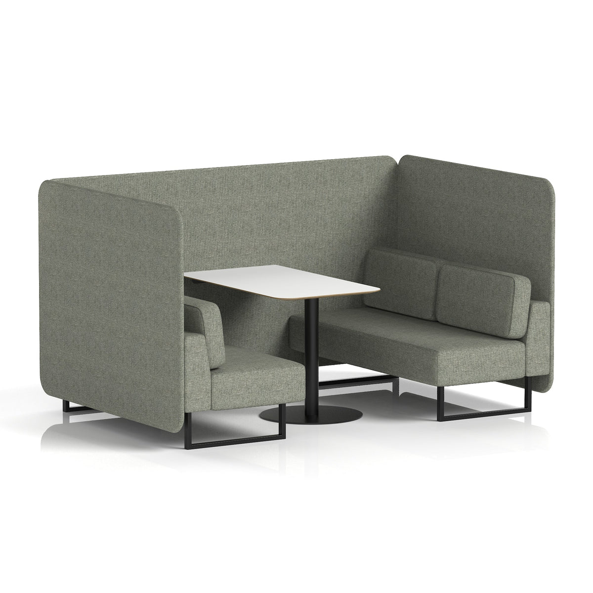 Commercial 4 Seater Privacy Booth – Bench with White Table – Single Tone – Crib 5 Rivet - Vitreous Panels And Sofa Black - Industrious Decor