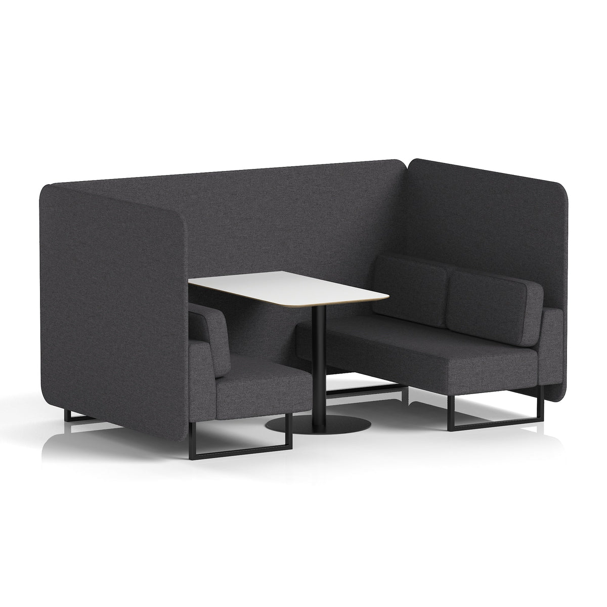 Commercial 4 Seater Privacy Booth – Bench with White Table – Single Tone – Crib 5 X2 - Arithmetic Panels And Sofa Black - Industrious Decor