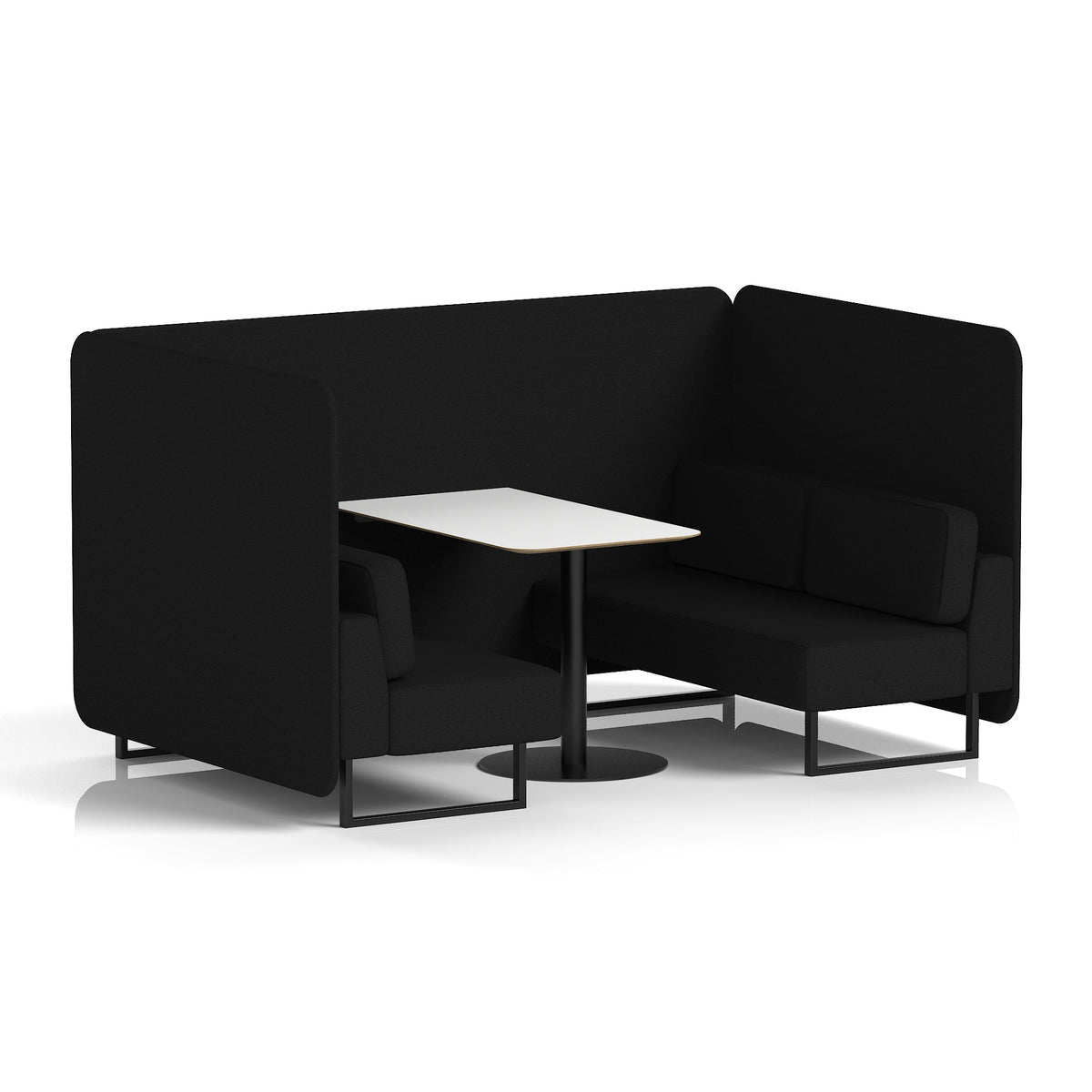 Commercial 4 Seater Privacy Booth – Bench with White Table – Single Tone – Crib 5 X2 - Diameter Panels And Sofa Black - Industrious Decor