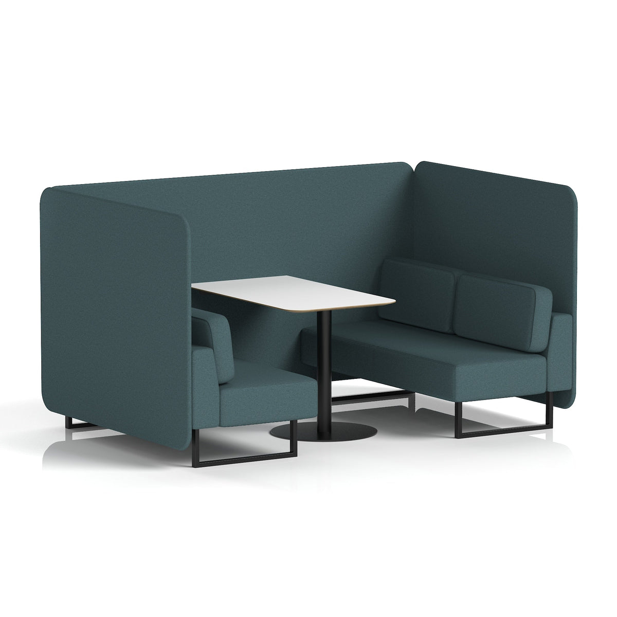 Commercial 4 Seater Privacy Booth – Bench with White Table – Single Tone – Crib 5 X2 - Polygon Panels And Sofa Black - Industrious Decor