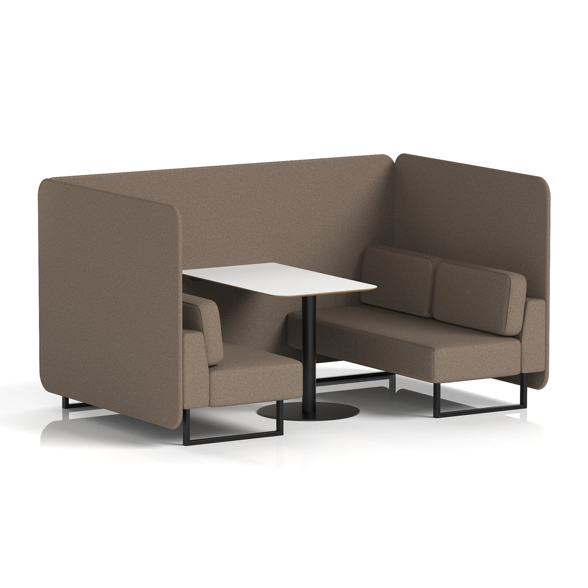 Commercial 4 Seater Privacy Booth – Bench with White Table – Single Tone – Crib 5 X2 - Theory Panels And Sofa Black - Industrious Decor