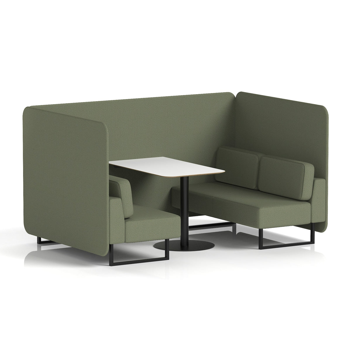 Commercial 4 Seater Privacy Booth – Bench with White Table – Single Tone – Crib 5 Main Line Flax - Monument Panels And Sofa Black - Industrious Decor