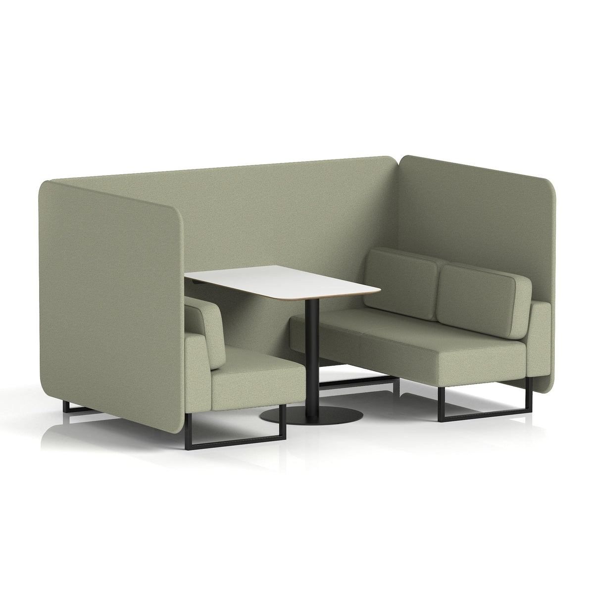 Commercial 4 Seater Privacy Booth – Bench with White Table – Single Tone – Crib 5 Main Line Flax - Newbury Panels And Sofa Black - Industrious Decor