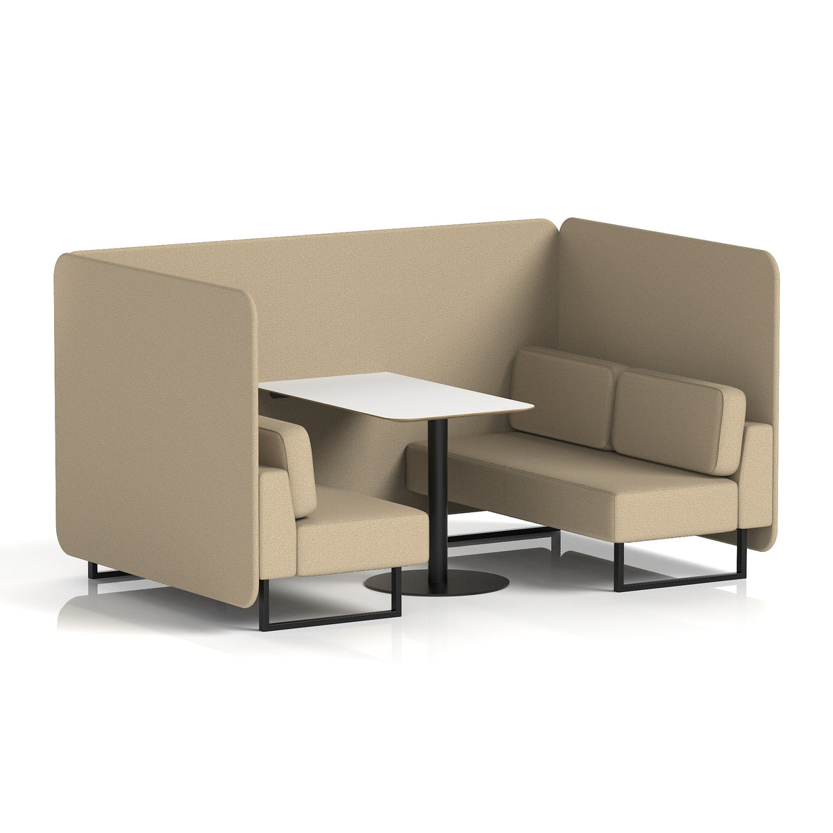 Commercial 4 Seater Privacy Booth – Bench with White Table – Single Tone – Crib 5 Main Line Flax - Upminster Panels And Sofa Black - Industrious Decor