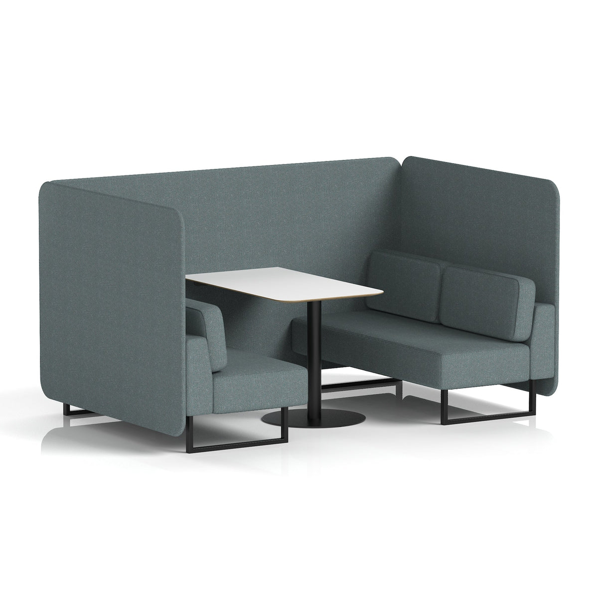 Commercial 4 Seater Privacy Booth – Bench with White Table – Single Tone – Crib 5 Main Line Flax - Westminster Panels And Sofa Black - Industrious Decor