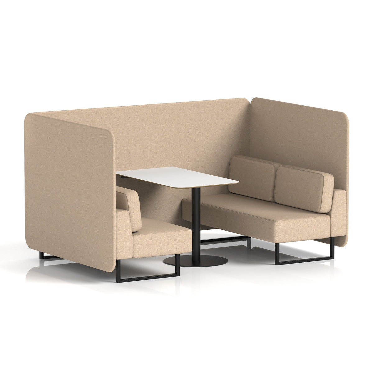 Commercial 4 Seater Privacy Booth – Bench with White Table – Single Tone – Crib 5 Synergy - Affix Panels And Sofa Black - Industrious Decor