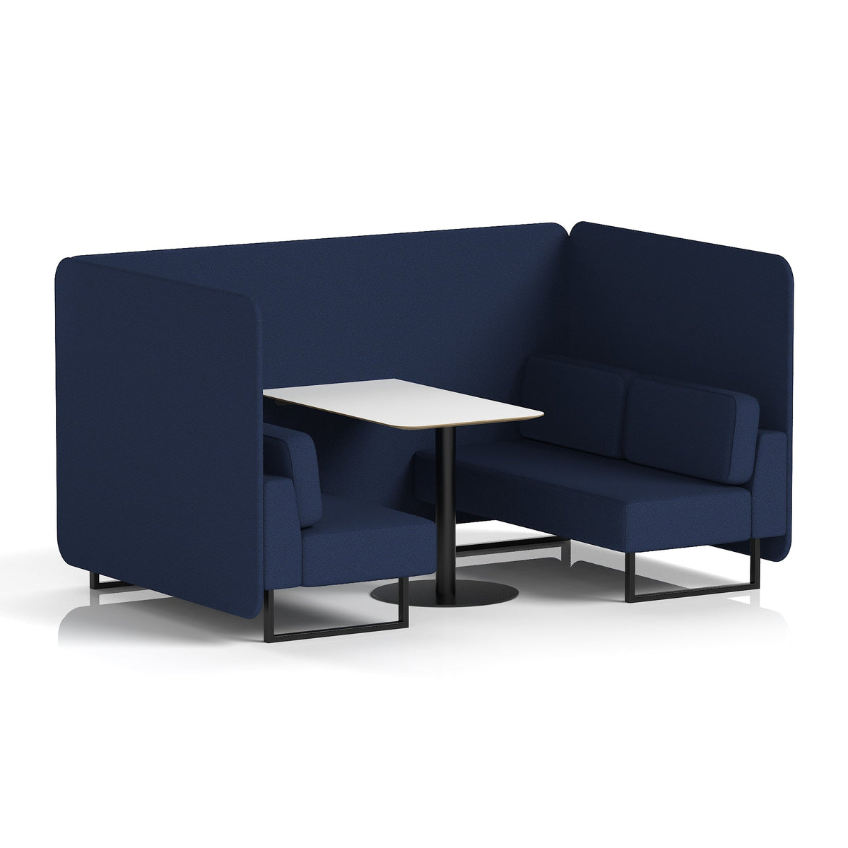 Commercial 4 Seater Privacy Booth – Bench with White Table – Single Tone – Crib 5 Synergy - Alike Panels And Sofa Black - Industrious Decor