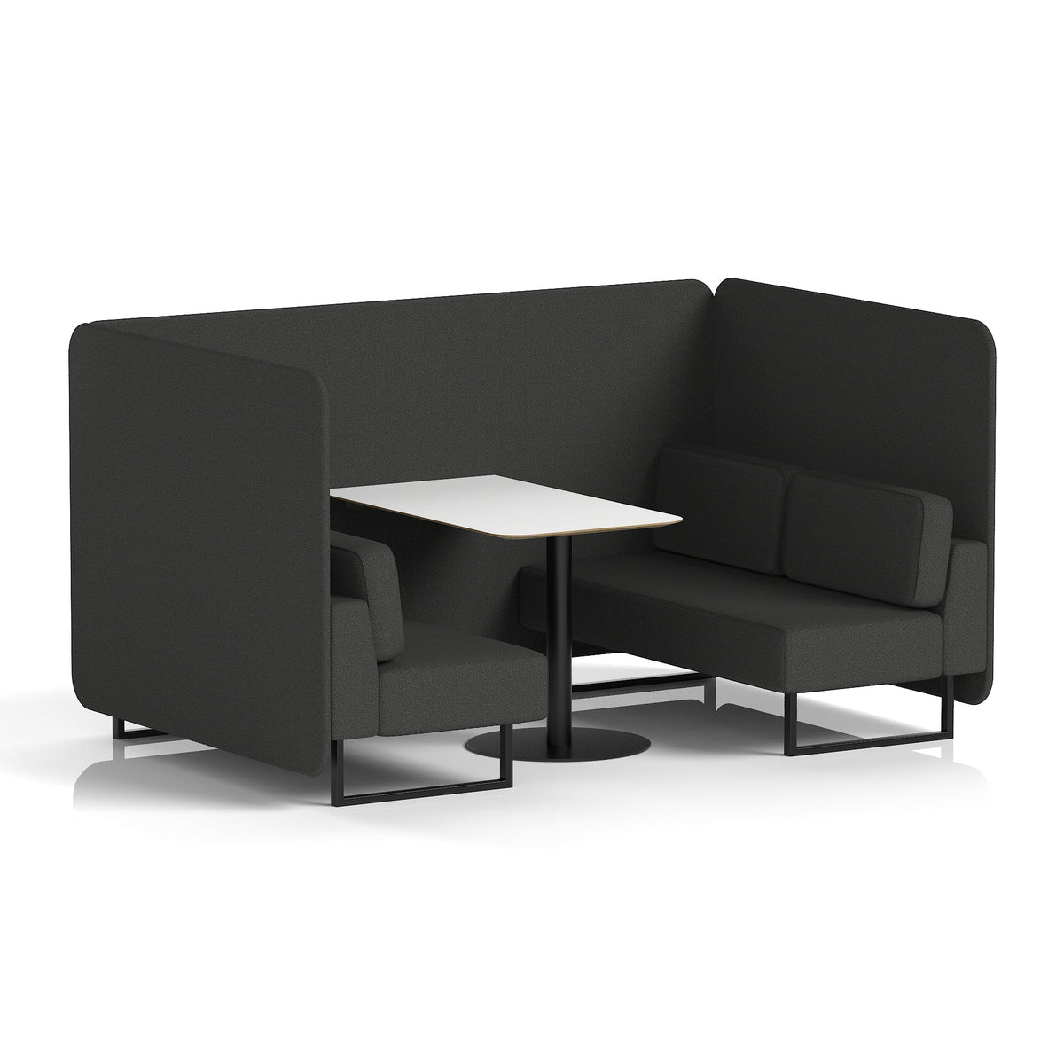 Commercial 4 Seater Privacy Booth – Bench with White Table – Single Tone – Crib 5 Synergy - Mix Panels And Sofa Black - Industrious Decor