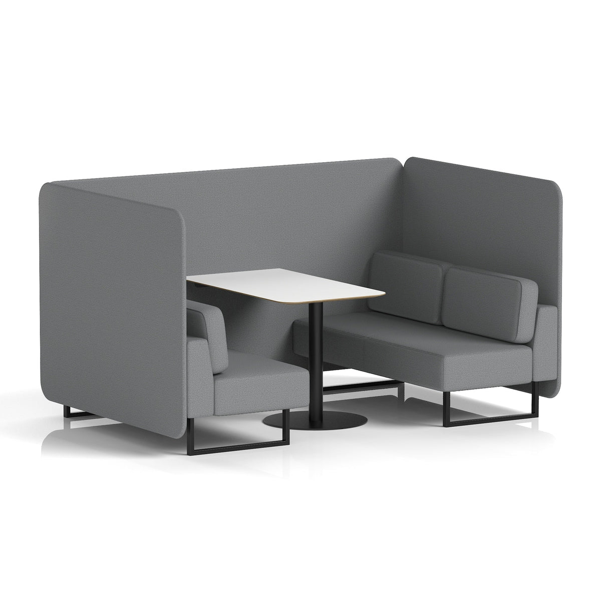 Commercial 4 Seater Privacy Booth – Bench with White Table – Single Tone – Crib 5 Synergy - Partner Panels And Sofa Black - Industrious Decor