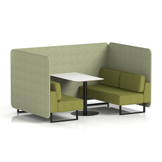 Commercial 4 Seater Privacy Booth – Bench with White Table – Two Tone – Crib 5 Rivet - Burnish Panels And Olive Sofa Black - Industrious Decor