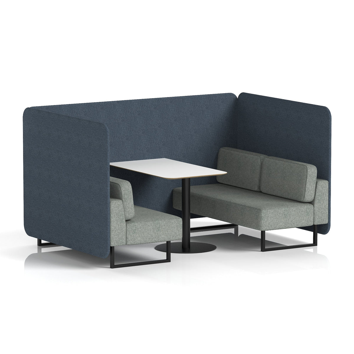 Commercial 4 Seater Privacy Booth – Bench with White Table – Two Tone – Crib 5 Rivet - Crucible Panels And Prime Sofa Black - Industrious Decor