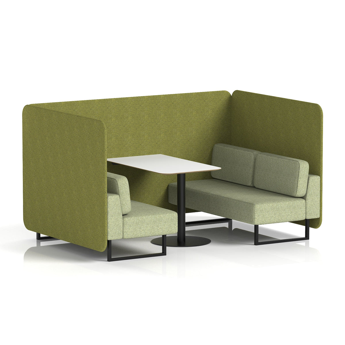Commercial 4 Seater Privacy Booth – Bench with White Table – Two Tone – Crib 5 Rivet - Olive Panels And Burnish Sofa Black - Industrious Decor