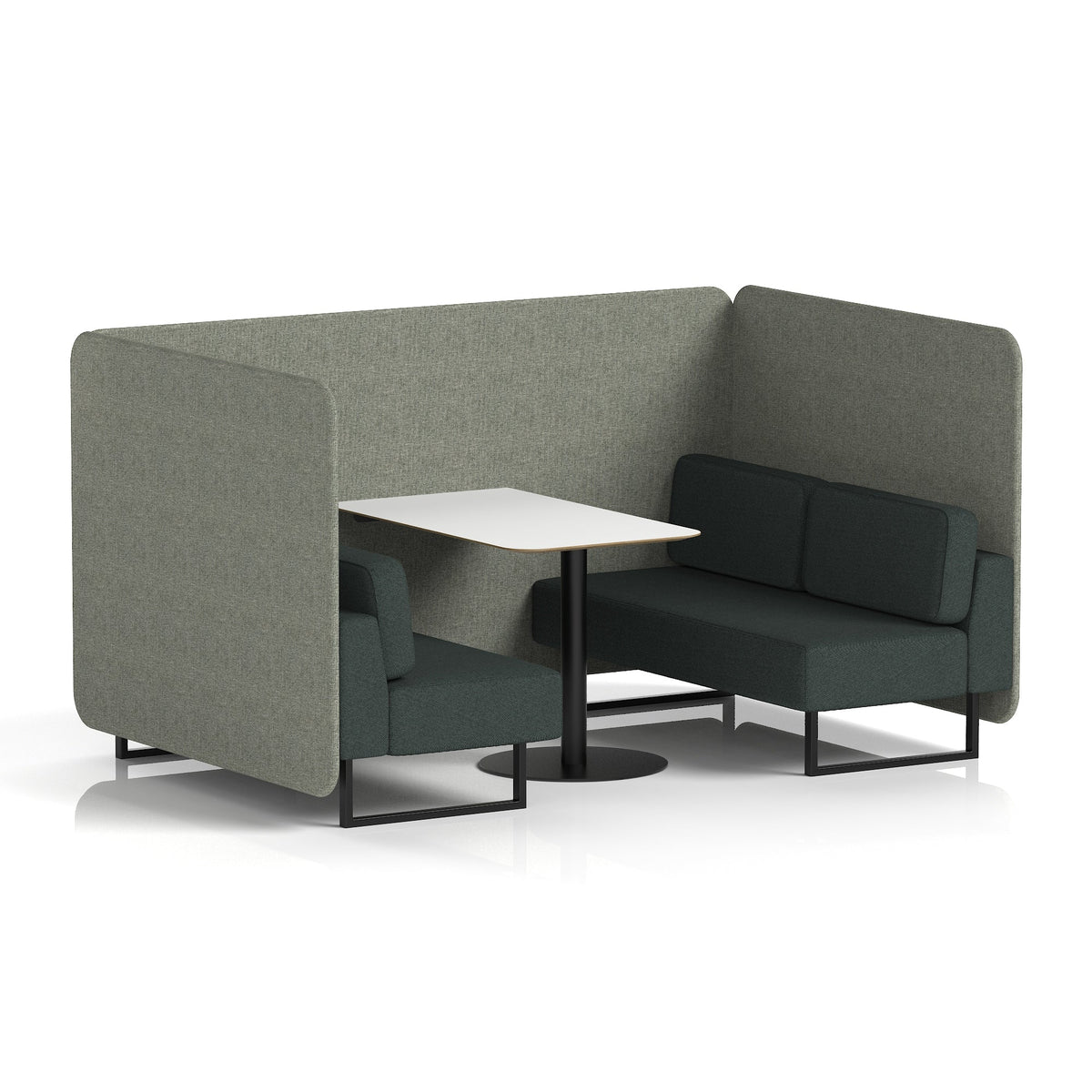 Commercial 4 Seater Privacy Booth – Bench with White Table – Two Tone – Crib 5 Rivet - Vitreous Panels And Charcoal Sofa Black - Industrious Decor