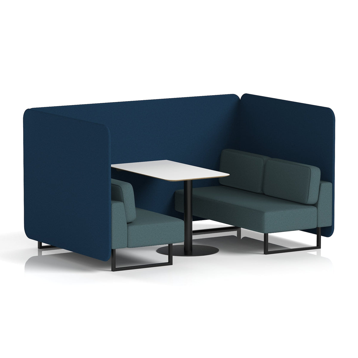 Commercial 4 Seater Privacy Booth – Bench with White Table – Two Tone – Crib 5 X2 - Calculus Panels And Polygon Sofa Black - Industrious Decor