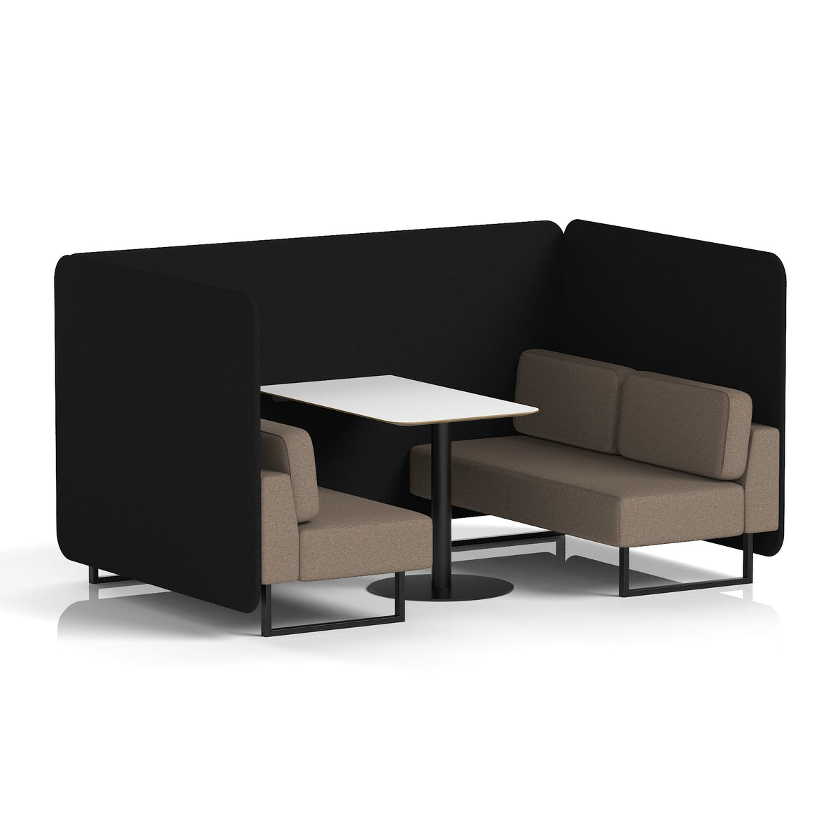 Commercial 4 Seater Privacy Booth – Bench with White Table – Two Tone – Crib 5 X2 - Diameter Panels And Theory Sofa Black - Industrious Decor