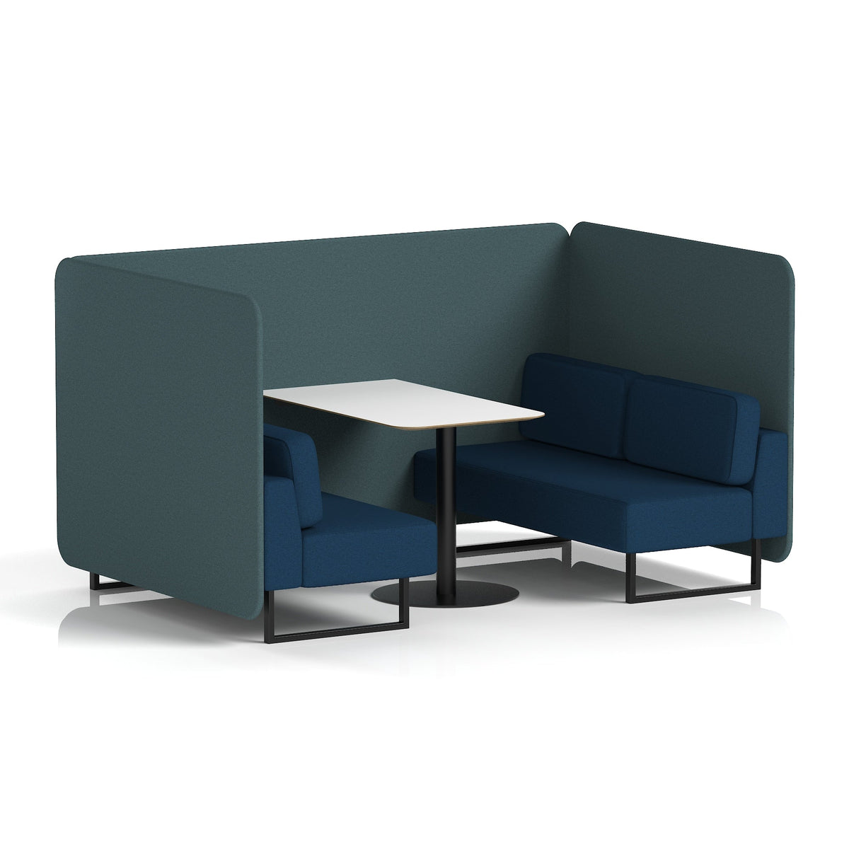 Commercial 4 Seater Privacy Booth – Bench with White Table – Two Tone – Crib 5 X2 - Polygon Panels And Calculus Sofa Black - Industrious Decor