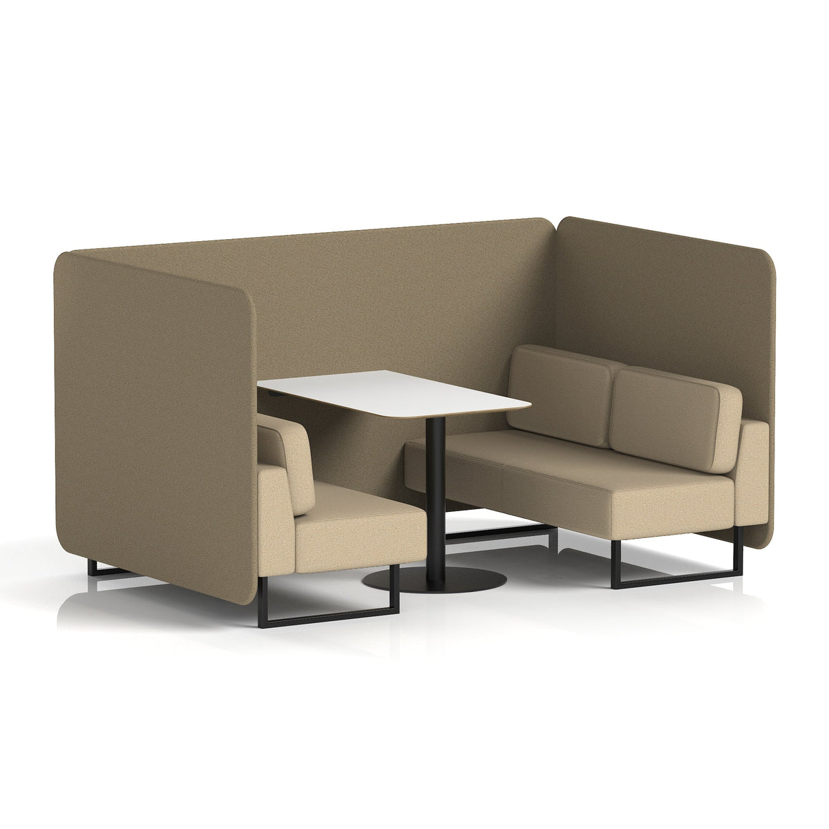 Commercial 4 Seater Privacy Booth – Bench with White Table – Two Tone – Crib 5 Main Line Flax - Bank Panels And Upminster Sofa Black - Industrious Decor