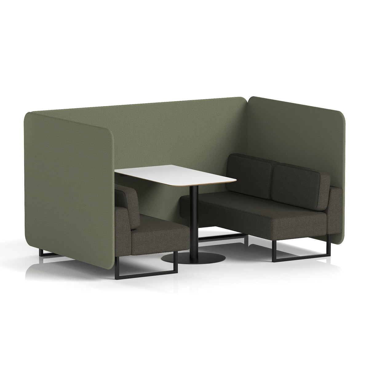 Commercial 4 Seater Privacy Booth – Bench with White Table – Two Tone – Crib 5 Main Line Flax - Monument Panels And Temple Sofa Black - Industrious Decor